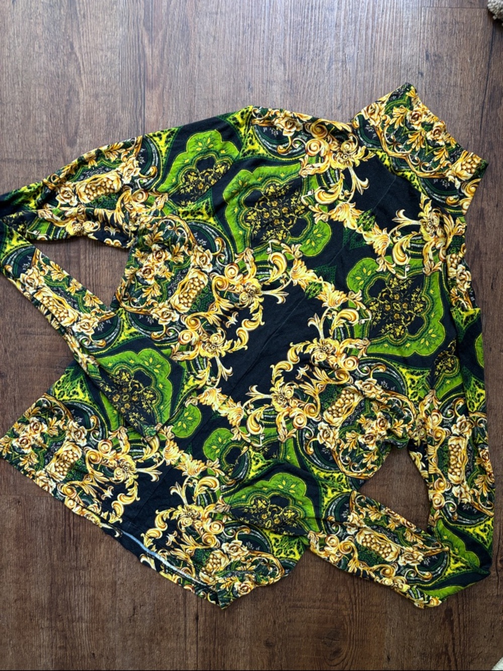 Alice + Olivia Black Green Gold Baroque Print Mock Neck Stretch Top Size L